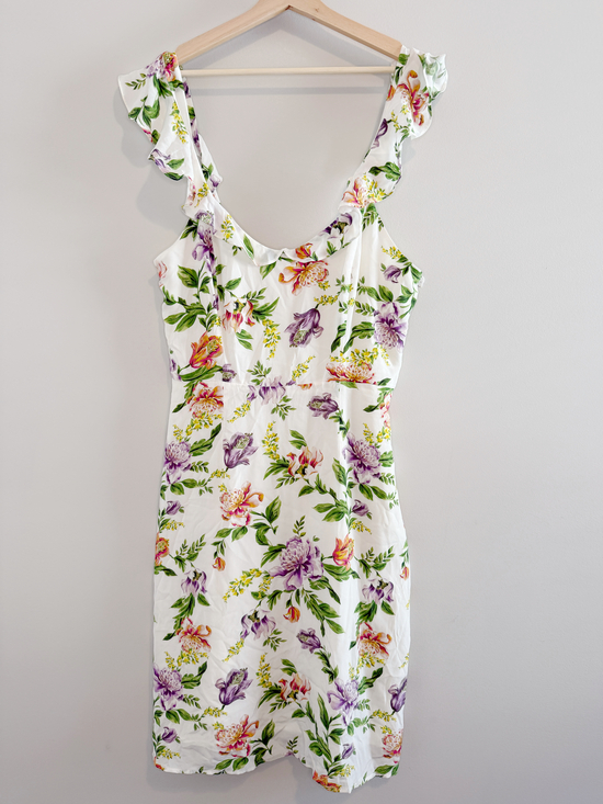 Amour Vert Dresses & Skirts - Amour Vert Silk Floral Midi Dress Women's Large White Romantic Ruffle Sleeve